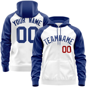 Custom Stitched White Royal Raglan Sleeves Sports Full-Zip Sweatshirt Hoodie