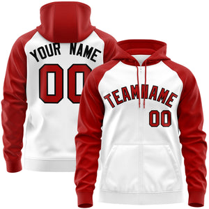 Custom Stitched White Red-Black Raglan Sleeves Sports Full-Zip Sweatshirt Hoodie