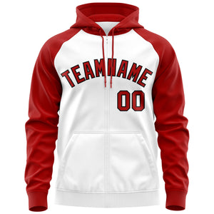 Custom Stitched White Red-Black Raglan Sleeves Sports Full-Zip Sweatshirt Hoodie