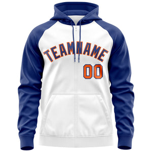 Custom Stitched White Royal-Orange Raglan Sleeves Sports Full-Zip Sweatshirt Hoodie