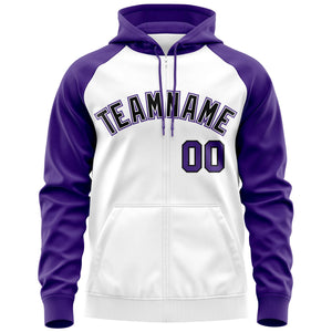 Custom Stitched White Black-Purple Raglan Sleeves Sports Full-Zip Sweatshirt Hoodie