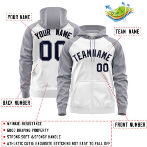 Custom Stitched White Light Gray-Navy Raglan Sleeves Sports Full-Zip Sweatshirt Hoodie