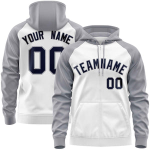 Custom Stitched White Light Gray-Navy Raglan Sleeves Sports Full-Zip Sweatshirt Hoodie