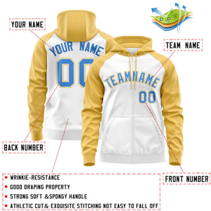 Custom Stitched White Yellow-Powder Blue Raglan Sleeves Sports Full-Zip Sweatshirt Hoodie