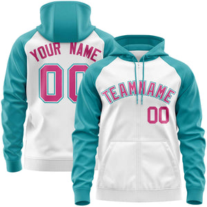 Custom Stitched White Aqua-Rose Red Raglan Sleeves Sports Full-Zip Sweatshirt Hoodie