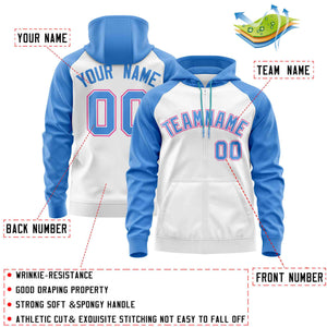 Custom Stitched White Powder Blue Raglan Sleeves Sports Full-Zip Sweatshirt Hoodie