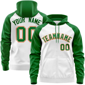 Custom Stitched White Kelly Green Raglan Sleeves Sports Full-Zip Sweatshirt Hoodie