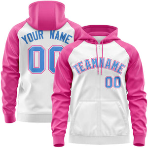 Custom Stitched White Pink-Powder Blue Raglan Sleeves Sports Full-Zip Sweatshirt Hoodie