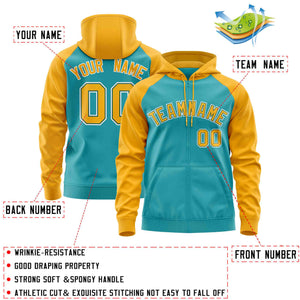 Custom Stitched Aqua Gold Raglan Sleeves Sports Full-Zip Sweatshirt Hoodie