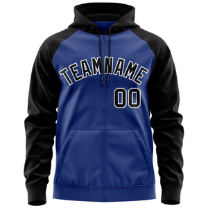 Custom Stitched Royal Black-White Raglan Sleeves Sports Full-Zip Sweatshirt Hoodie