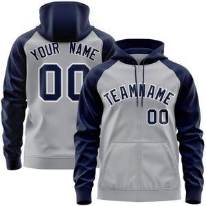 Custom Stitched Gray Navy-White Raglan Sleeves Sports Full-Zip Sweatshirt Hoodie