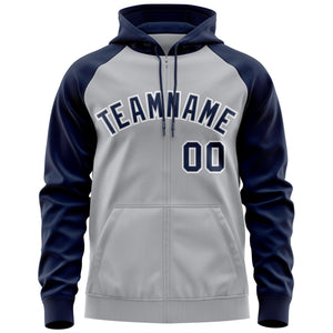 Custom Stitched Gray Navy-White Raglan Sleeves Sports Full-Zip Sweatshirt Hoodie