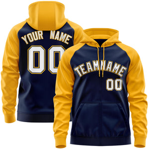 Custom Stitched Navy White-Gold Raglan Sleeves Sports Full-Zip Sweatshirt Hoodie