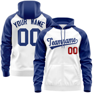 Custom Stitched White Royal Raglan Sleeves Sports Full-Zip Sweatshirt Hoodie