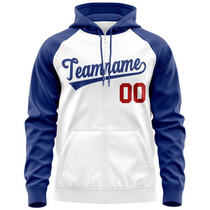 Custom Stitched White Royal Raglan Sleeves Sports Full-Zip Sweatshirt Hoodie