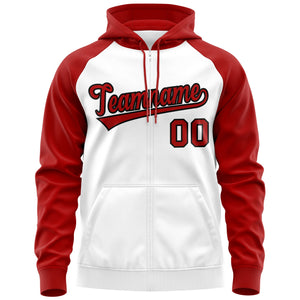 Custom Stitched White Red-Black Raglan Sleeves Sports Full-Zip Sweatshirt Hoodie