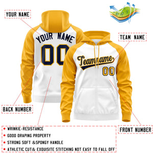 Custom Stitched White Navy-Gold Raglan Sleeves Sports Full-Zip Sweatshirt Hoodie