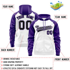 Custom Stitched White Black-Purple Raglan Sleeves Sports Full-Zip Sweatshirt Hoodie