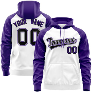 Custom Stitched White Black-Purple Raglan Sleeves Sports Full-Zip Sweatshirt Hoodie