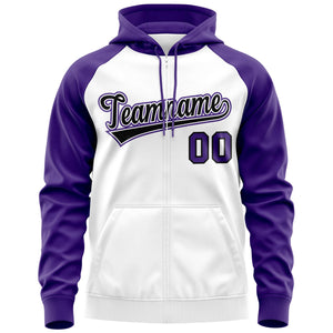 Custom Stitched White Black-Purple Raglan Sleeves Sports Full-Zip Sweatshirt Hoodie