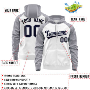 Custom Stitched White Light Gray-Navy Raglan Sleeves Sports Full-Zip Sweatshirt Hoodie