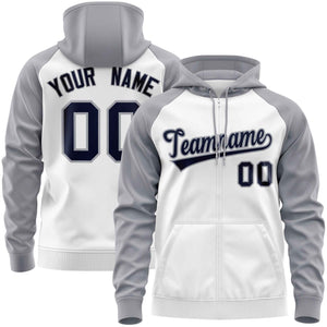 Custom Stitched White Light Gray-Navy Raglan Sleeves Sports Full-Zip Sweatshirt Hoodie