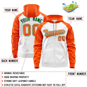 Custom Stitched White Orange Raglan Sleeves Sports Full-Zip Sweatshirt Hoodie