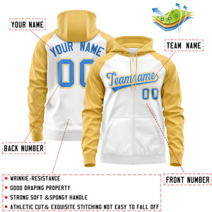 Custom Stitched White Yellow-Powder Blue Raglan Sleeves Sports Full-Zip Sweatshirt Hoodie