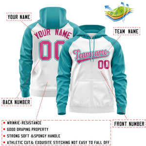 Custom Stitched White Aqua-Rose Red Raglan Sleeves Sports Full-Zip Sweatshirt Hoodie