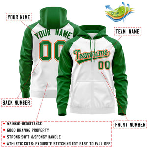 Custom Stitched White Kelly Green Raglan Sleeves Sports Full-Zip Sweatshirt Hoodie