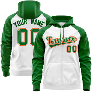 Custom Stitched White Kelly Green Raglan Sleeves Sports Full-Zip Sweatshirt Hoodie