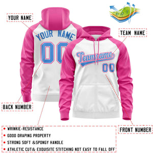 Custom Stitched White Pink-Powder Blue Raglan Sleeves Sports Full-Zip Sweatshirt Hoodie