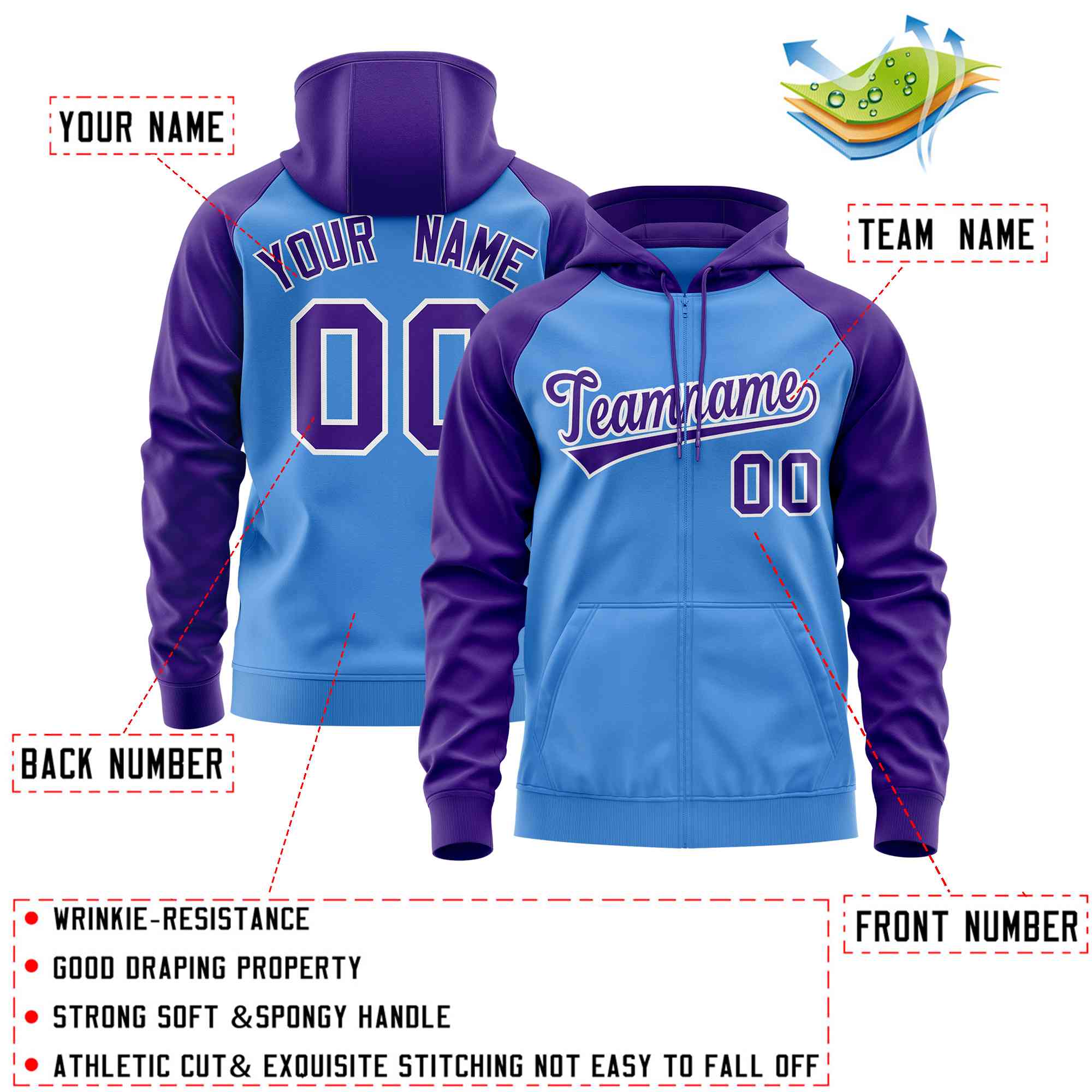 Custom Stitched Powder Blue Purple Raglan Sleeves Sports Full-Zip Sweatshirt Hoodie
