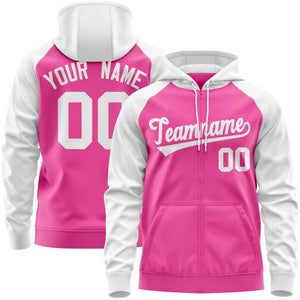 Custom Stitched Pink White Raglan Sleeves Sports Full-Zip Sweatshirt Hoodie