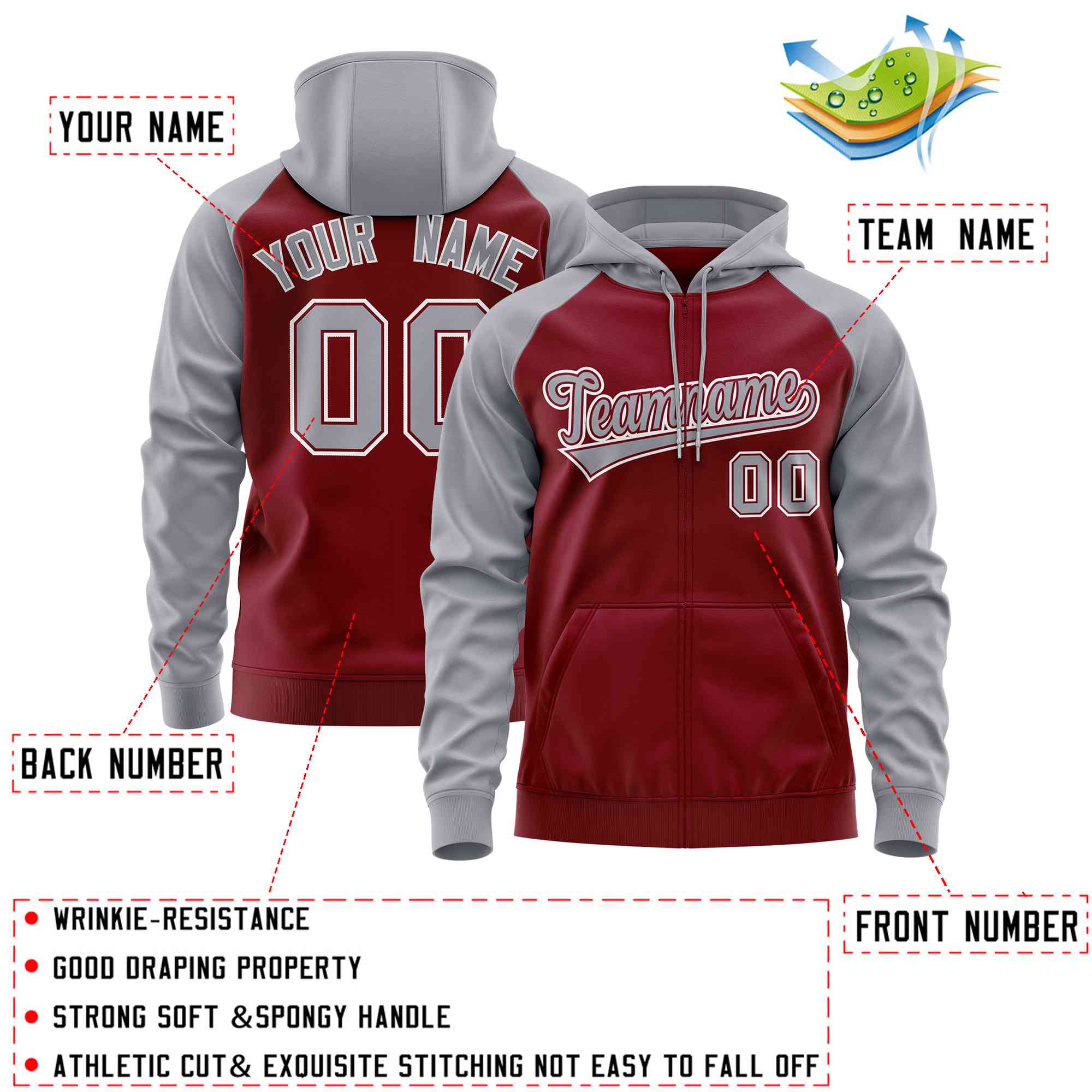 Custom Stitched Crimson Light Gray Raglan Sleeves Sports Full-Zip Sweatshirt Hoodie