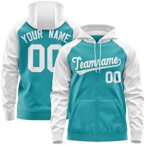 Custom Stitched Aqua White Raglan Sleeves Sports Full-Zip Sweatshirt Hoodie