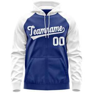 Custom Stitched Royal White Raglan Sleeves Sports Full-Zip Sweatshirt Hoodie