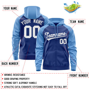 Custom Stitched Royal White-Light Blue Raglan Sleeves Sports Full-Zip Sweatshirt Hoodie