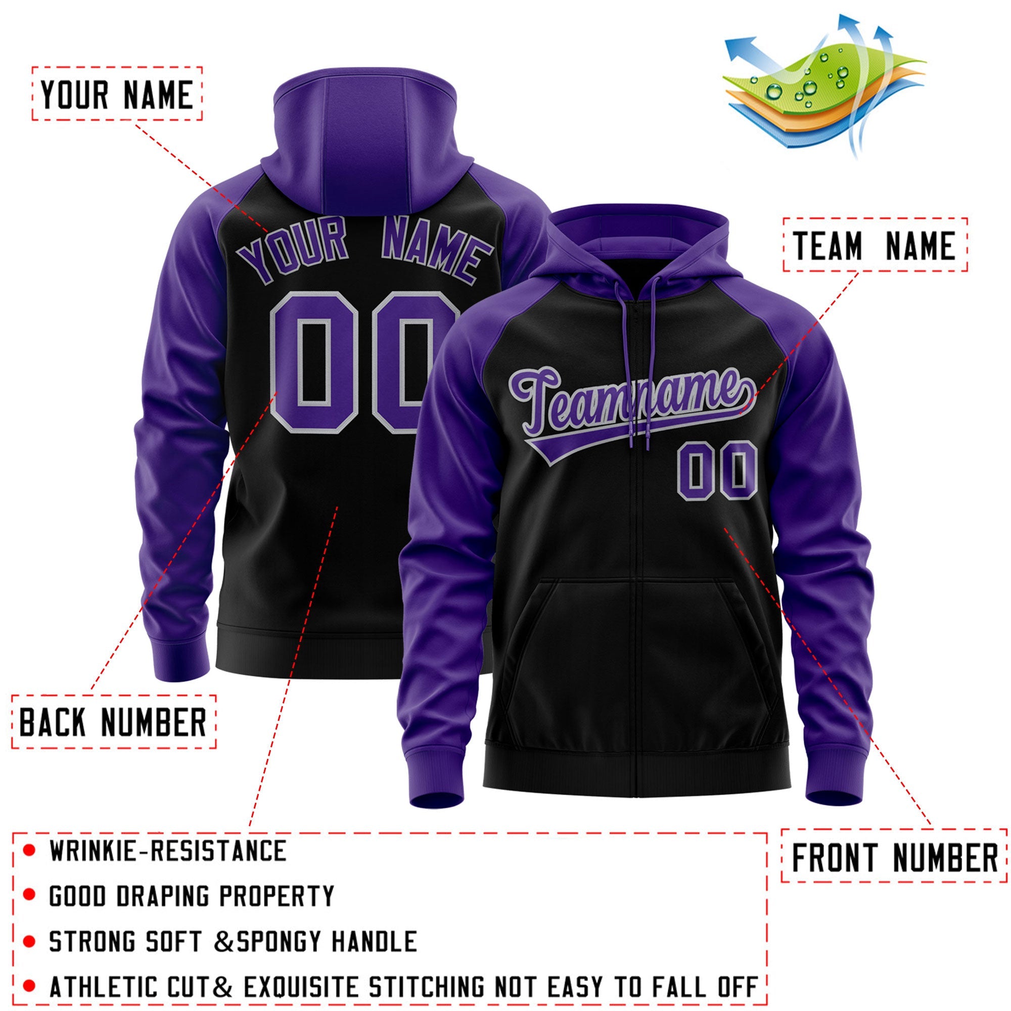 Custom Stitched Black Purple-Gray Raglan Sleeves Sports Full-Zip Sweatshirt Hoodie