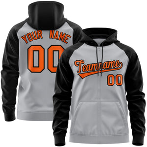 Custom Stitched Gray Orange-Black Raglan Sleeves Sports Full-Zip Sweatshirt Hoodie