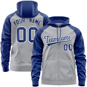 Custom Stitched Gray Royal-White Raglan Sleeves Sports Full-Zip Sweatshirt Hoodie