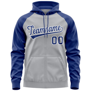 Custom Stitched Gray Royal-White Raglan Sleeves Sports Full-Zip Sweatshirt Hoodie