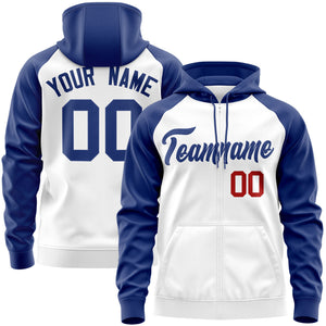 Custom Stitched White Royal Raglan Sleeves Sports Full-Zip Sweatshirt Hoodie