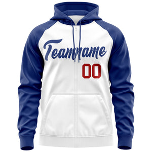 Custom Stitched White Royal Raglan Sleeves Sports Full-Zip Sweatshirt Hoodie