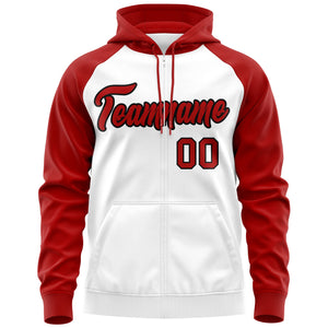 Custom Stitched White Red-Black Raglan Sleeves Sports Full-Zip Sweatshirt Hoodie