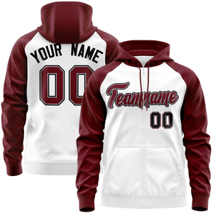 Custom Stitched White Crimson-Black Raglan Sleeves Sports Full-Zip Sweatshirt Hoodie