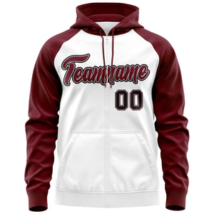 Custom Stitched White Crimson-Black Raglan Sleeves Sports Full-Zip Sweatshirt Hoodie