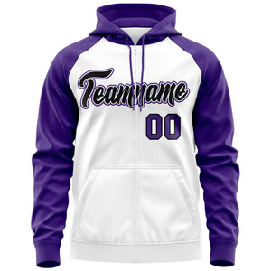 Custom Stitched White Black-Purple Raglan Sleeves Sports Full-Zip Sweatshirt Hoodie