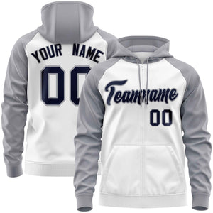 Custom Stitched White Light Gray-Navy Raglan Sleeves Sports Full-Zip Sweatshirt Hoodie