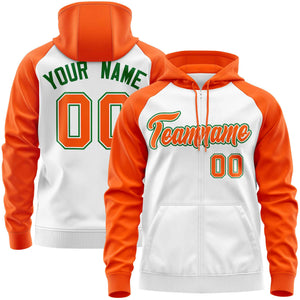 Custom Stitched White Orange Raglan Sleeves Sports Full-Zip Sweatshirt Hoodie